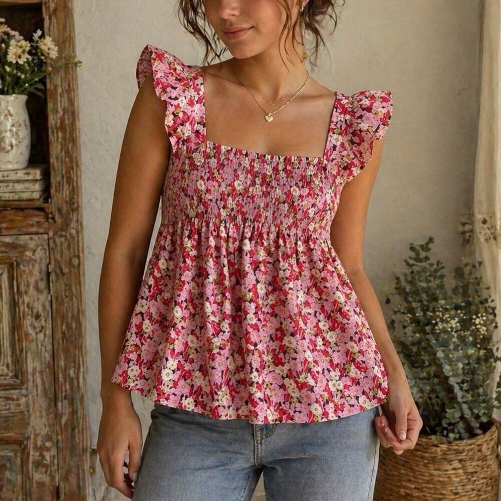 NWT Calavita Sz. M Floral Smocked Babydoll Top Square Neck Ruffle Cottagecore
